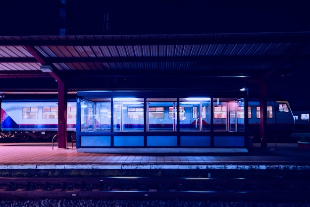 Tren en la plataforma de la estación de tren durante la noche