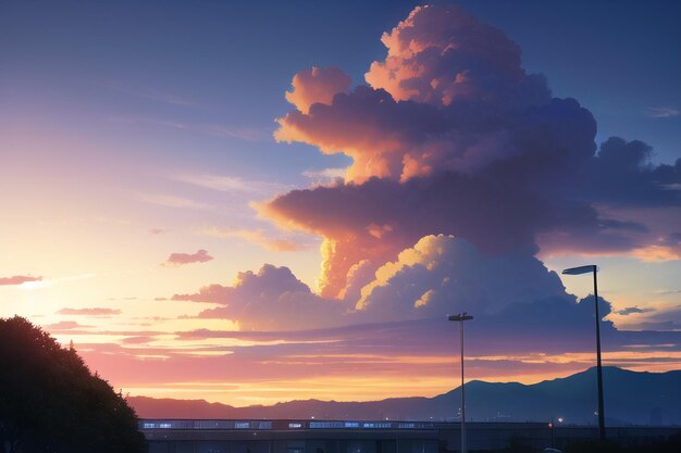 Un tren en el puente al atardecer.