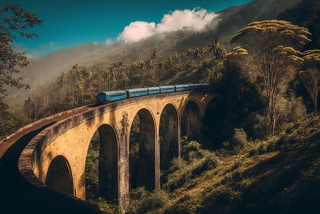 Un tren en un puente en las montañas de Sri Lanka