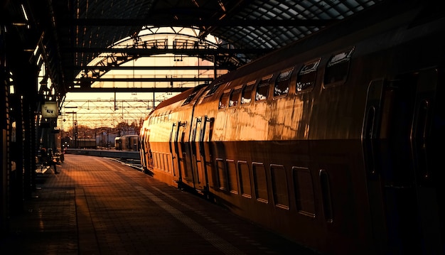 Tren en puesta de sol en estacion en amsterdam