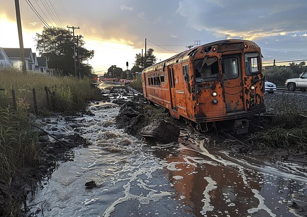 Foto un tren que está en una carretera con agua