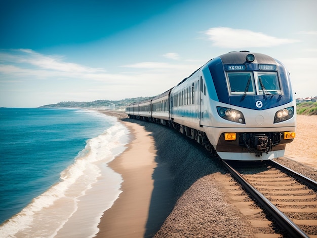 un tren que corre a lo largo de la playa justo al lado del mar en una vía ferroviaria