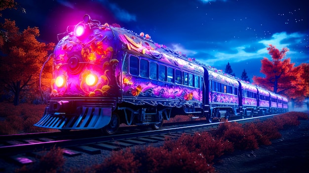 Tren que está sentado en la vía del tren por la noche con las luces en Generative AI