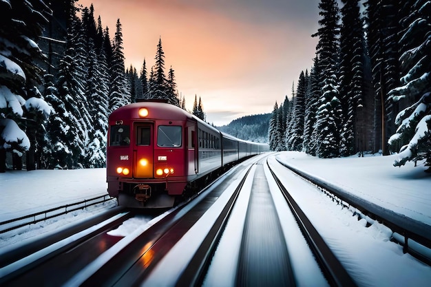 Un tren rojo baja por las vías del bosque nevado.