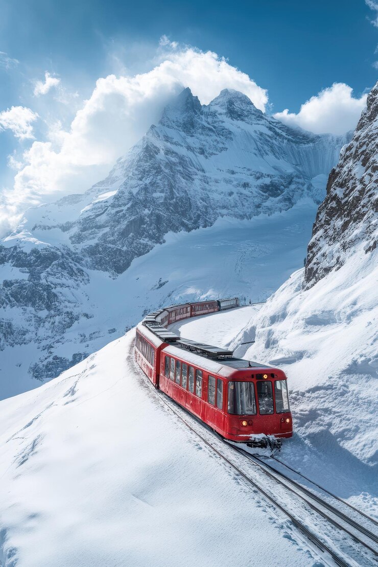 un tren rojo bajando por una montaña nevada