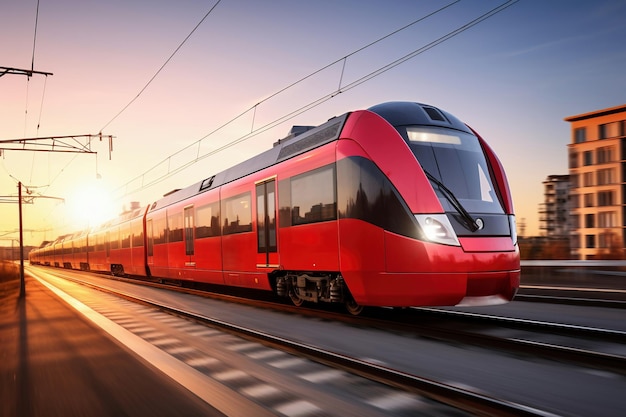 Un tren rojo y blanco viajando por las vías del tren Tren suburbano de alta velocidad al atardecer