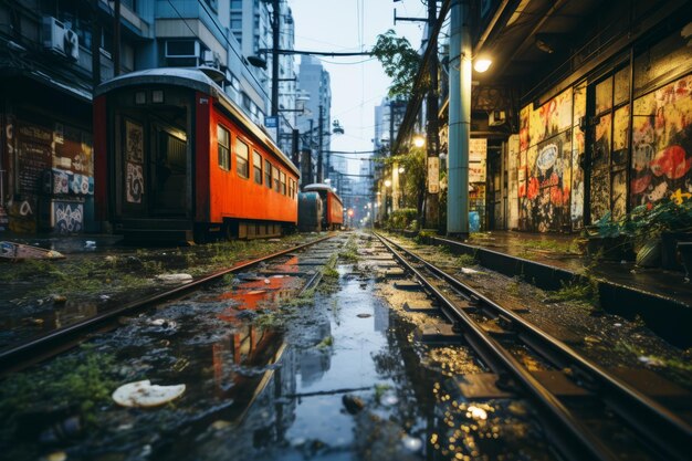 Un tren rojo está en las vías en una zona urbana.