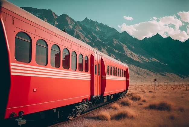 Tren rojo en las hermosas montañas de verano Ilustración Generativa AI