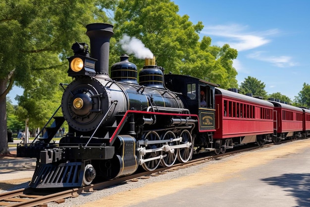 un tren rojo y negro viajando por las vías del tren