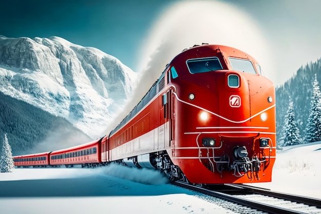 Tren rojo que viaja por las vías del tren junto a la cordillera cubierta de nieve IA generativa