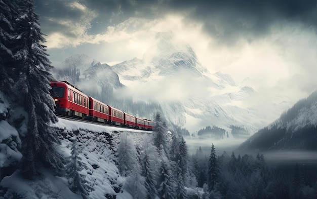 un tren rojo viajando a lo largo de las vías en la nieve en el estilo de vistas montañosas