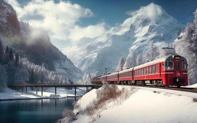 un tren rojo viajando a lo largo de las vías en la nieve en el estilo de vistas montañosas