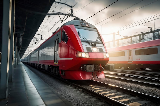 Tren rojo viajando a lo largo de las vías del tren junto a la plataforma de carga