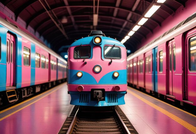 Foto un tren rosa y azul con el número 3 en el frente