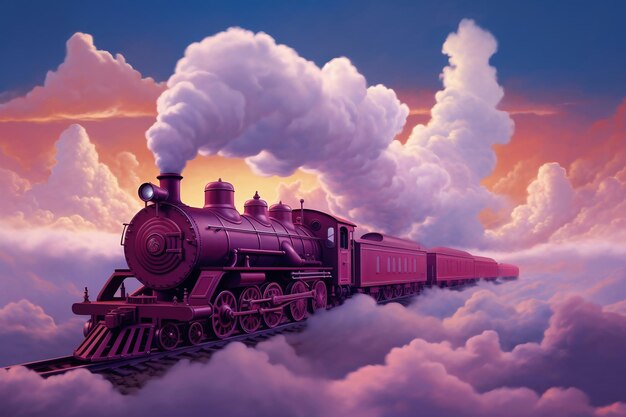 Un tren rosa viajando a través de un cielo azul nublado Humo de la chimenea de una locomotora retro