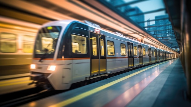 Un tren sale de una estación y la puerta está abierta.