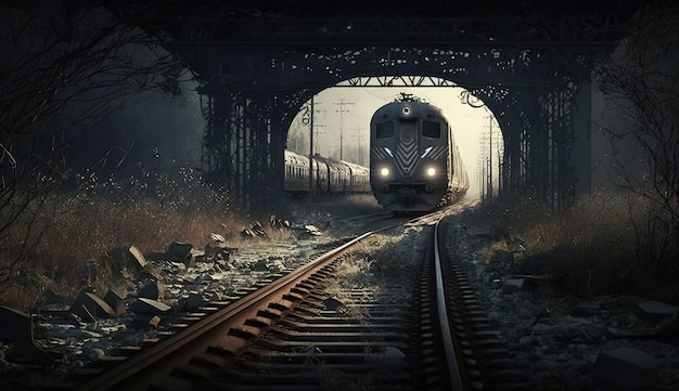 Un tren sale de un túnel con un tren saliendo de él.