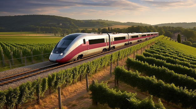 Tren TGV pasando por los viñedos franceses El tren TGV de alta velocidad de Francia pasa por las viñas en expansión