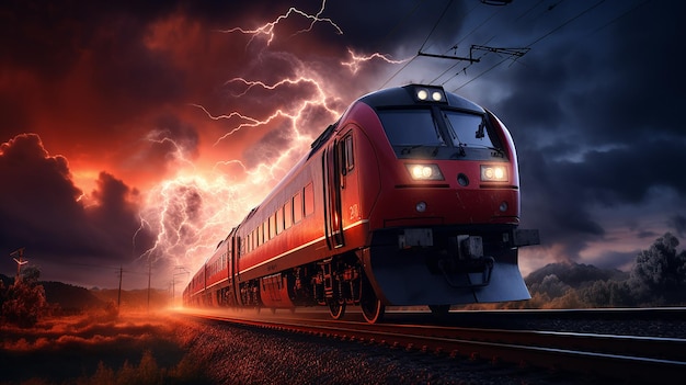 tren en una tormenta de relámpagos