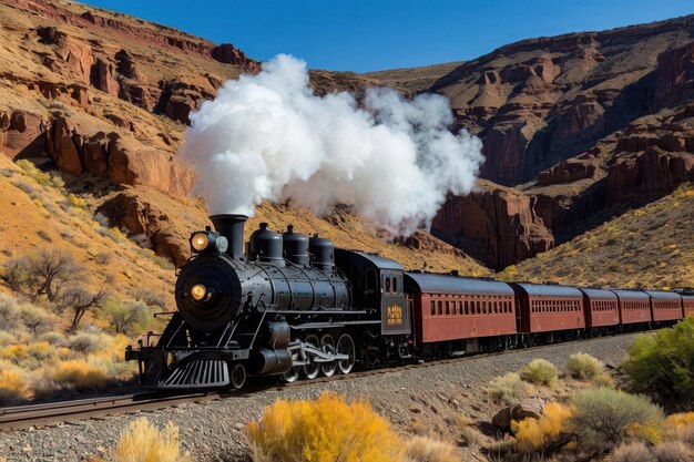 Tren de vapor antiguo atravesando el desierto