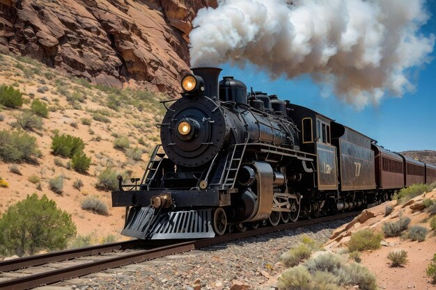 Tren de vapor antiguo atravesando el desierto