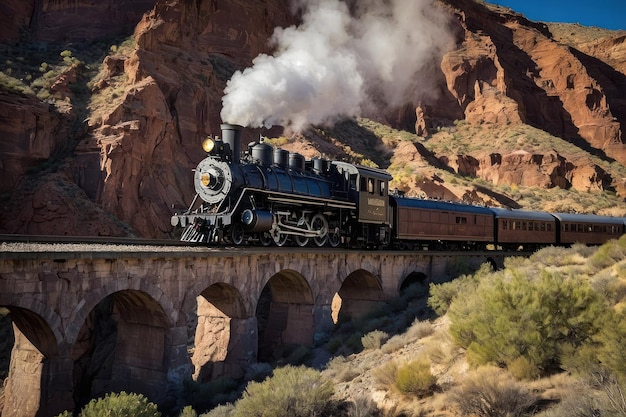 Tren de vapor antiguo atravesando el desierto