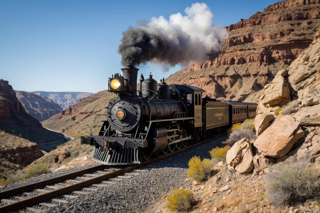 Tren de vapor antiguo atravesando el desierto