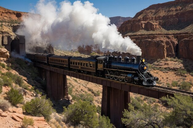 Tren de vapor antiguo atravesando el desierto