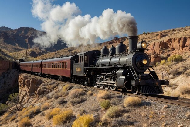 Tren de vapor antiguo atravesando el desierto