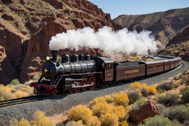 Tren de vapor antiguo atravesando el desierto