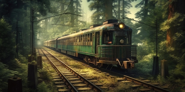 Tren de vapor antiguo en un bosque de niebla con IA generada