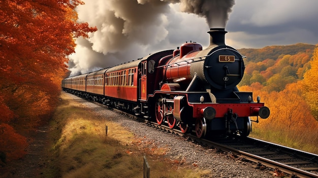 tren de vapor en el campo inglés durante el otoño