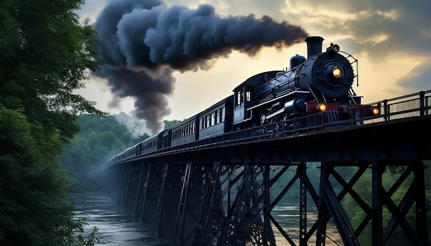 Un tren de vapor cruza un puente de hierro.
