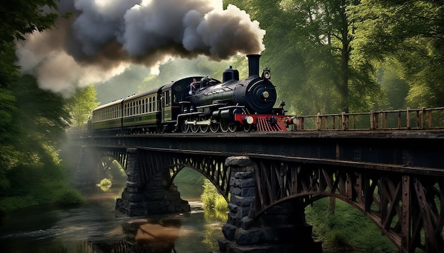 Foto un tren de vapor cruza un puente de hierro