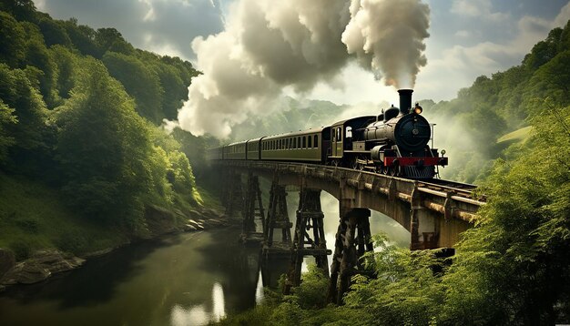 Foto un tren de vapor cruza un puente de hierro