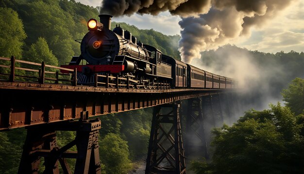 Foto un tren de vapor cruza un puente de hierro