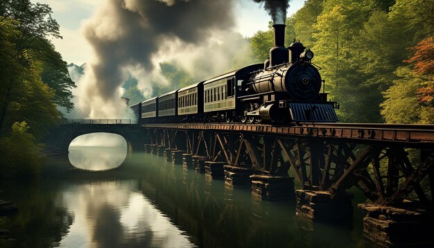 Foto un tren de vapor cruza un puente de hierro