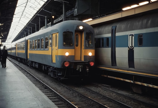 El tren de vapor retro sale de la estación de tren al atardecer