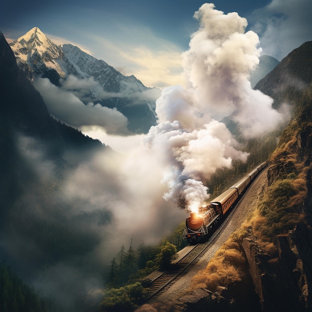 Un tren de vapor en la selva con niebla