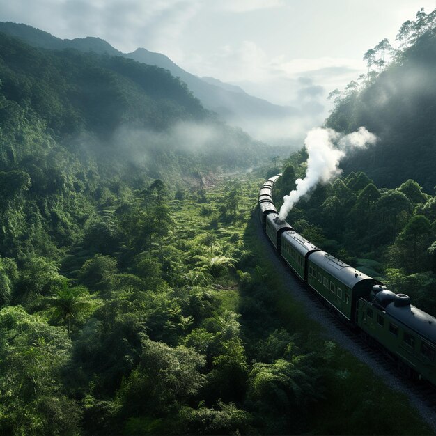 Un tren de vapor en la selva con niebla