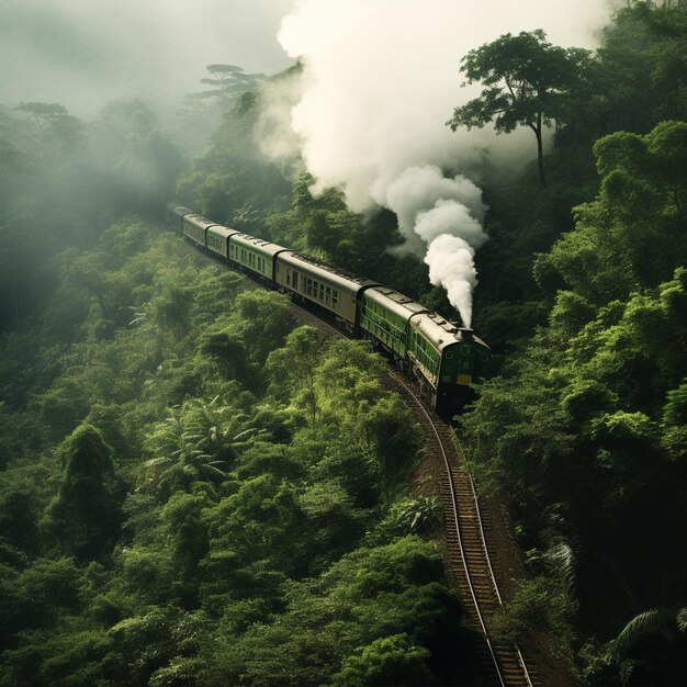 Un tren de vapor en la selva con niebla