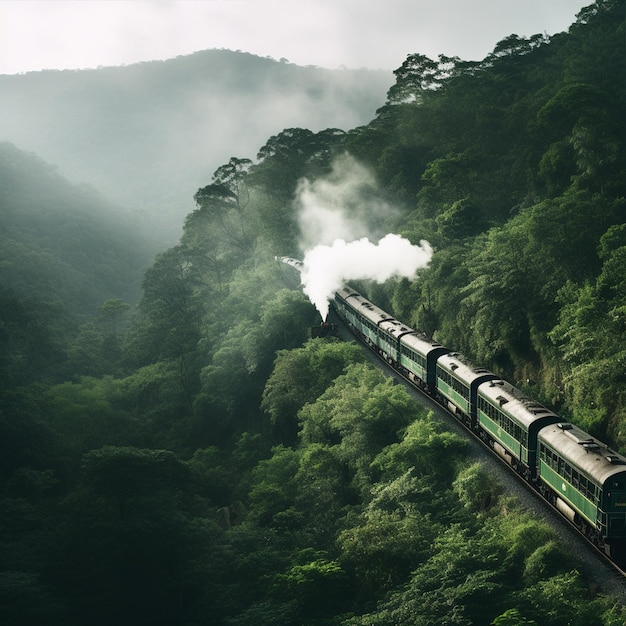 Un tren de vapor en la selva con niebla