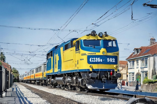 Foto un tren verde se acerca y hay arbustos verdes creciendo al lado de la vía del tren