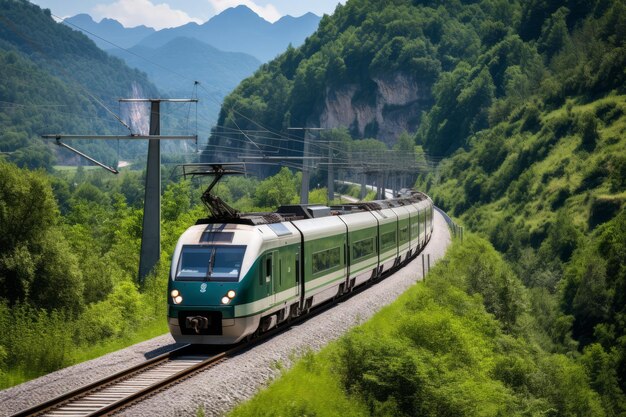 Un tren verde y blanco viaja a través de un valle verde exuberante con montañas en la distancia