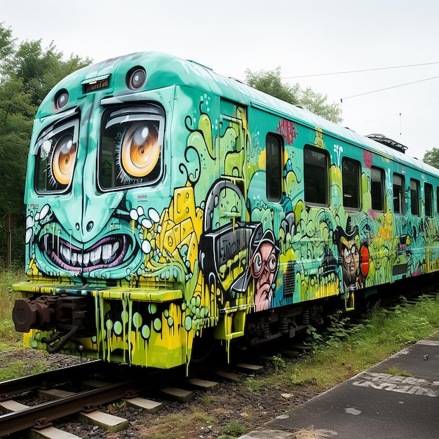 Foto un tren verde que tiene graffiti en él