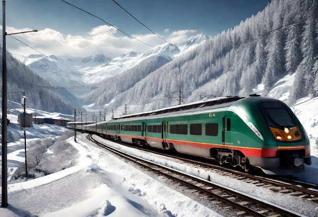 un tren verde y rojo está bajando por las vías