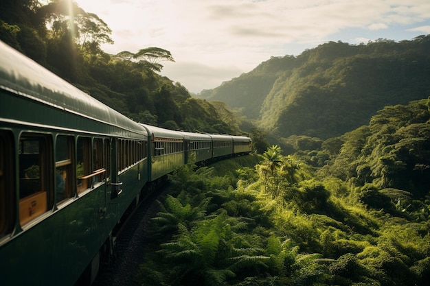 un tren verde viaja a través de colinas boscosas