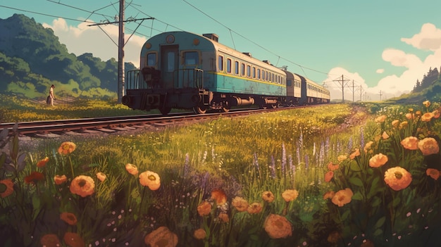 Un tren en una vía con flores en primer plano