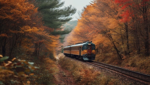 Un tren viaja a través de un bosque con colores otoñales.