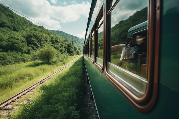 Un tren viaja a través de las montañas con un tren verde que pasa